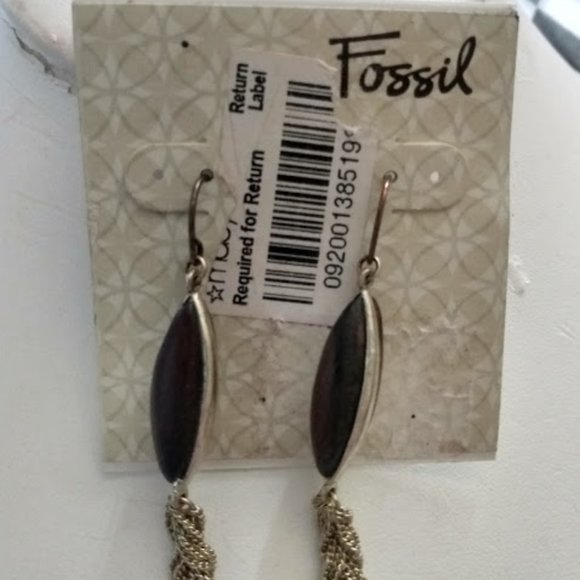 FOSSIL Boho Chic Natural Brown Wood Braided Gold Chain Dangle Earrings**NEW! - Picture 2 of 5